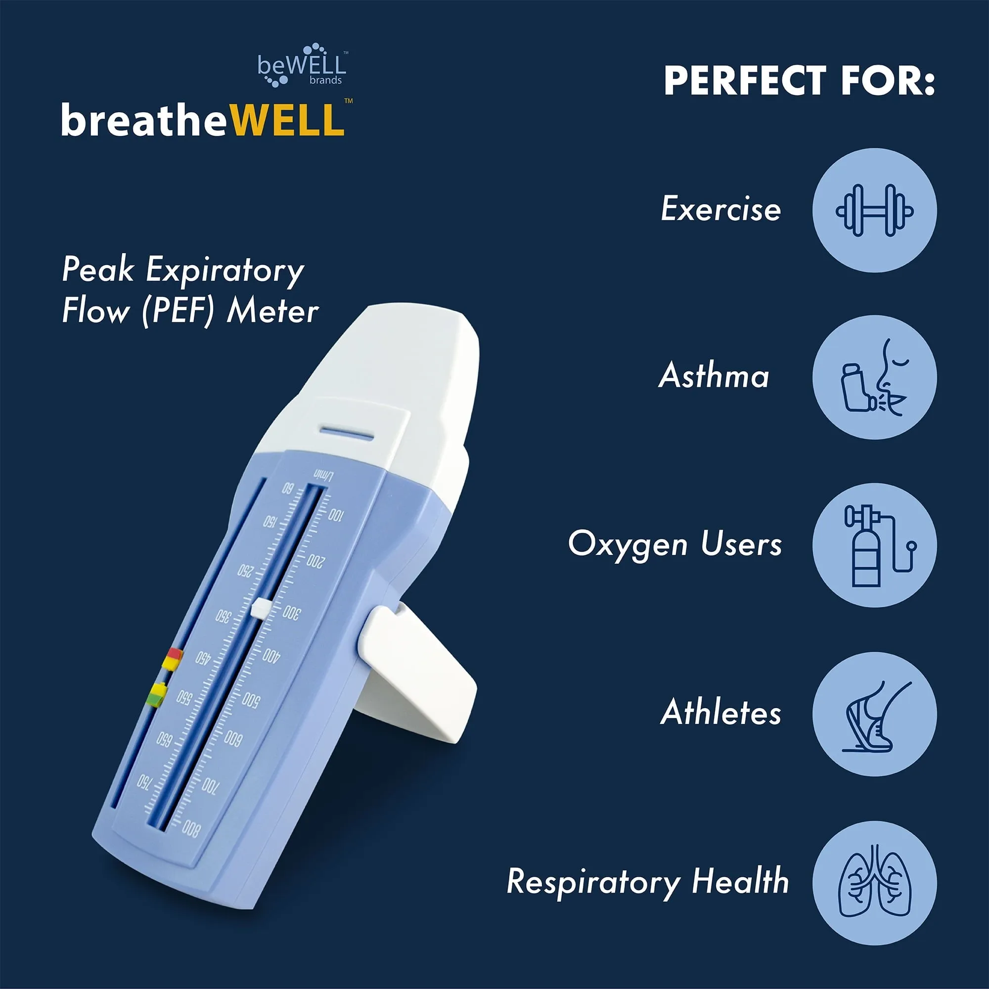 breathewell® Lung Performance Peak Flow Meter Handheld Medical Device, Measures Peak Expiratory Flow (PEF) Rate, Measure Lung Performance, Record Readings Using Included Paper Log, Three Zone markers