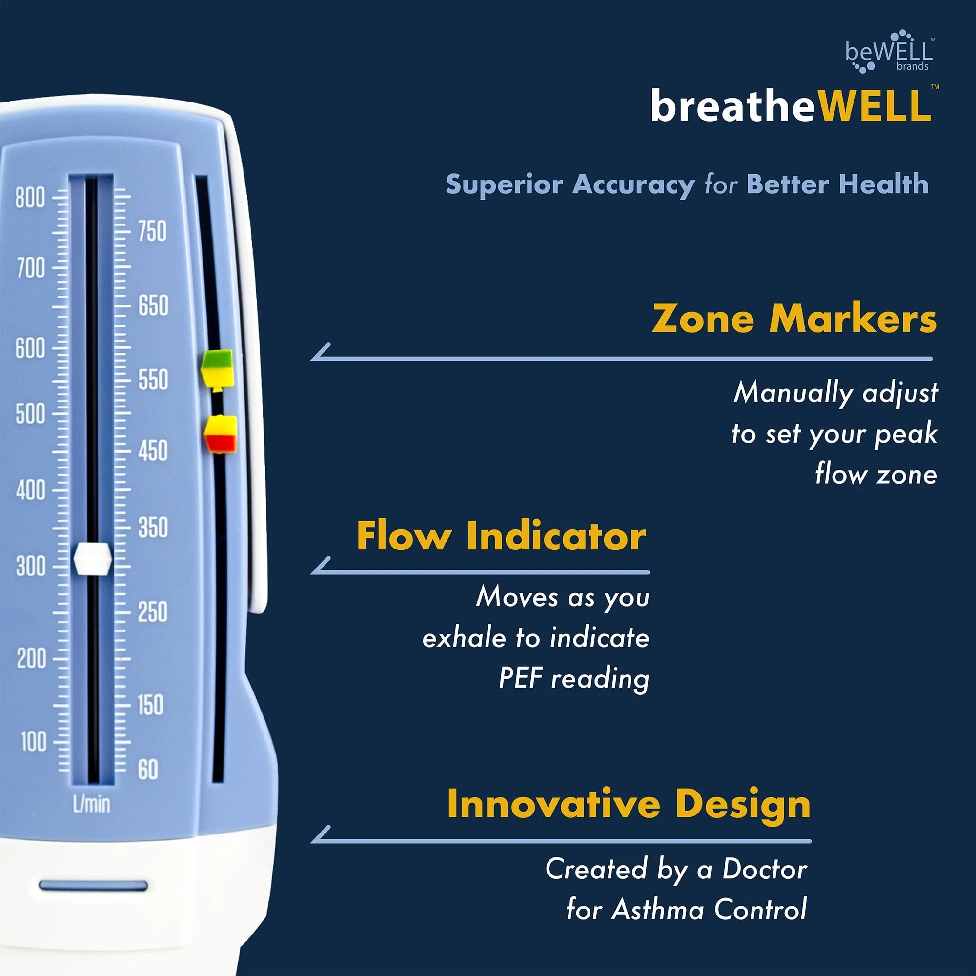 breathewell® Lung Performance Peak Flow Meter Handheld Medical Device, Measures Peak Expiratory Flow (PEF) Rate, Measure Lung Performance, Record Readings Using Included Paper Log, Three Zone markers