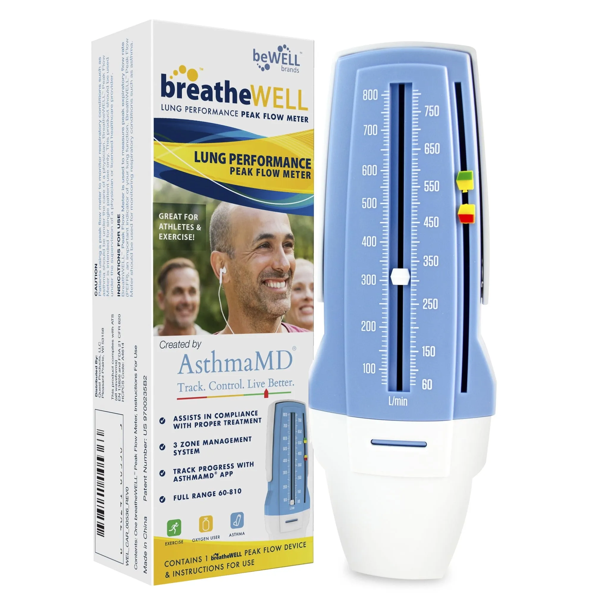 breathewell® Lung Performance Peak Flow Meter Handheld Medical Device, Measures Peak Expiratory Flow (PEF) Rate, Measure Lung Performance, Record Readings Using Included Paper Log, Three Zone markers