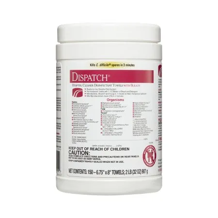 Dispatch® with Bleach Surface Disinfectant Cleaner Premoistened Manual Pull Wipe 150 Count Canister Fruity Floral Bleach Scent NonSterile - The Clorox Company  Mfr# 69150