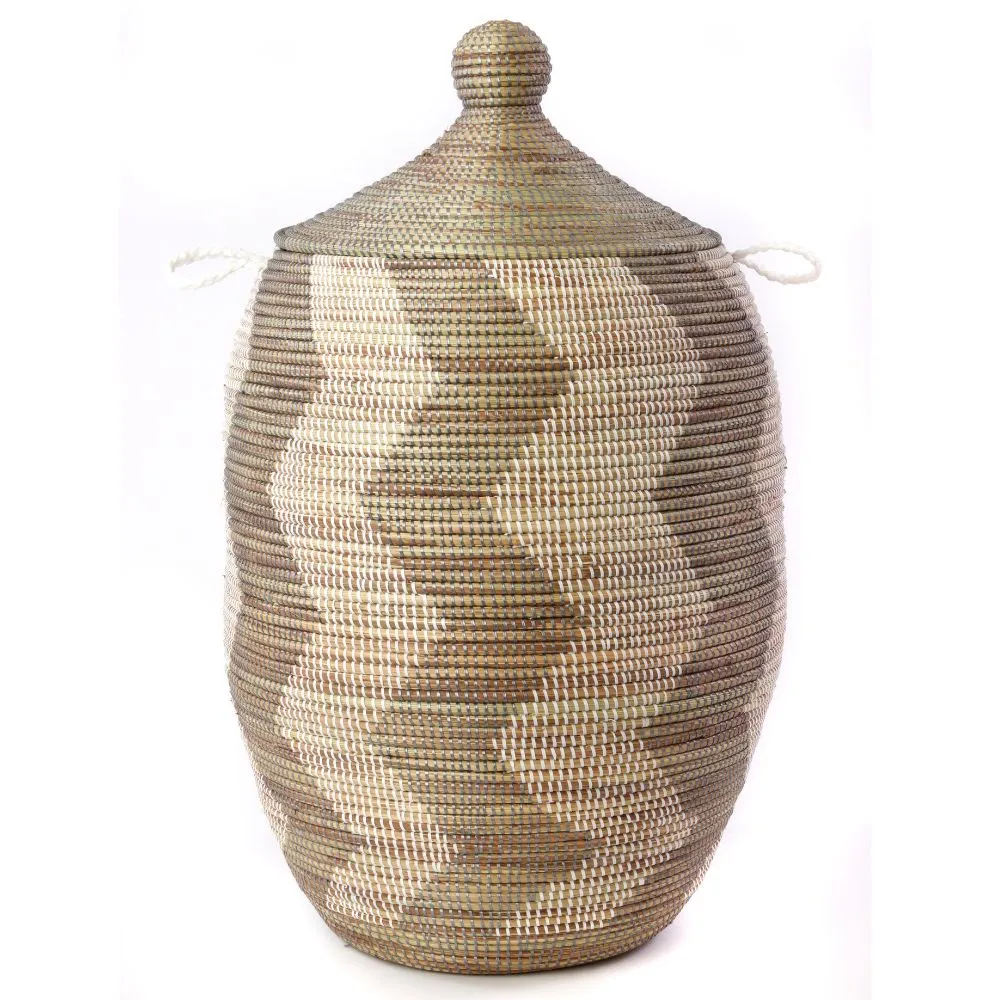 Extra Large Silver and White ZigZag Lidded Hamper Basket