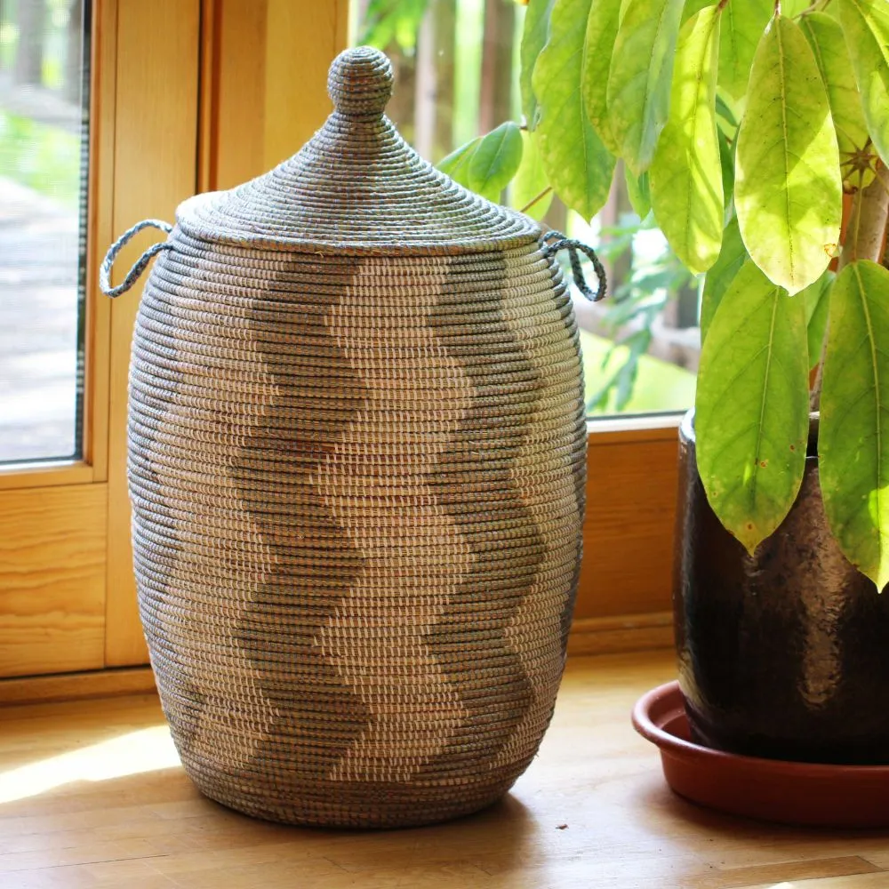 Extra Large Silver and White ZigZag Lidded Hamper Basket