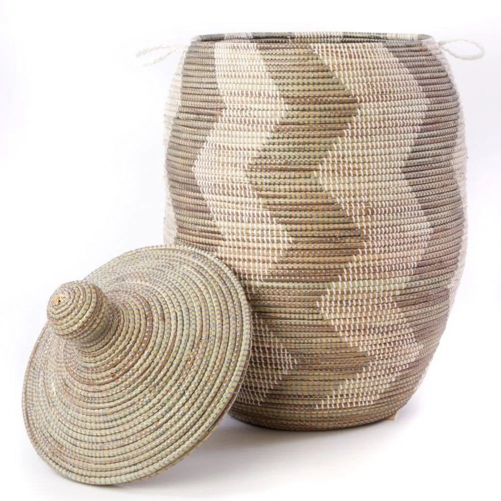 Extra Large Silver and White ZigZag Lidded Hamper Basket