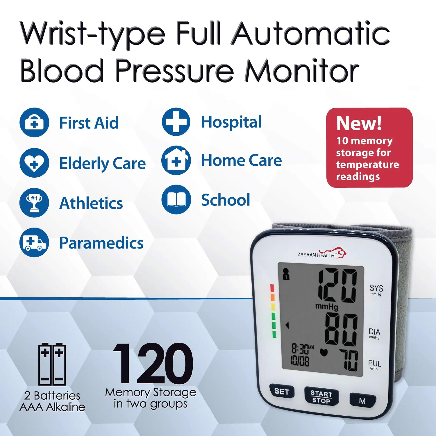 Fully Automatic Wrist Blood Pressure Monitor, 120 Memory, Fast Response, Storage Case Included