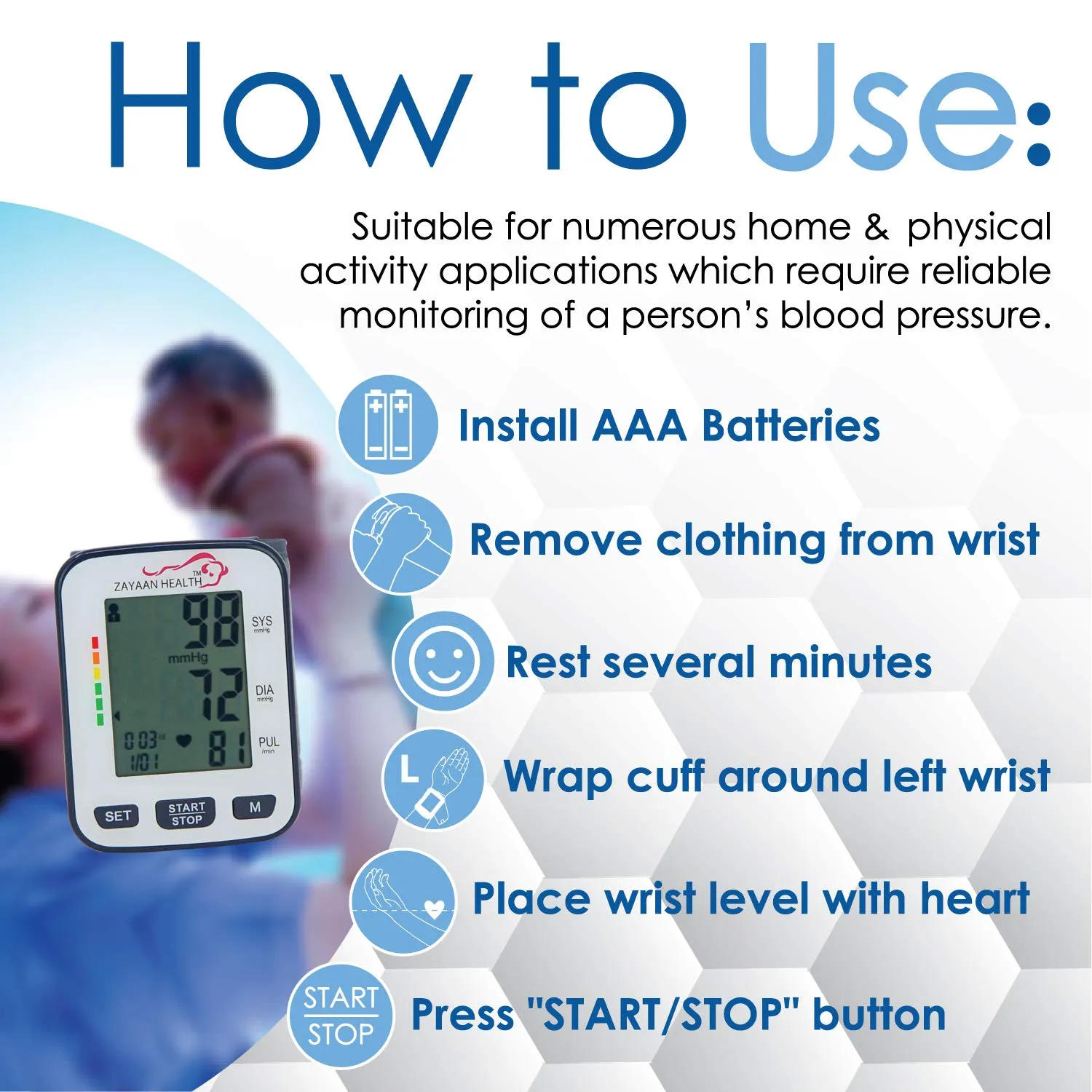 Fully Automatic Wrist Blood Pressure Monitor, 120 Memory, Fast Response, Storage Case Included