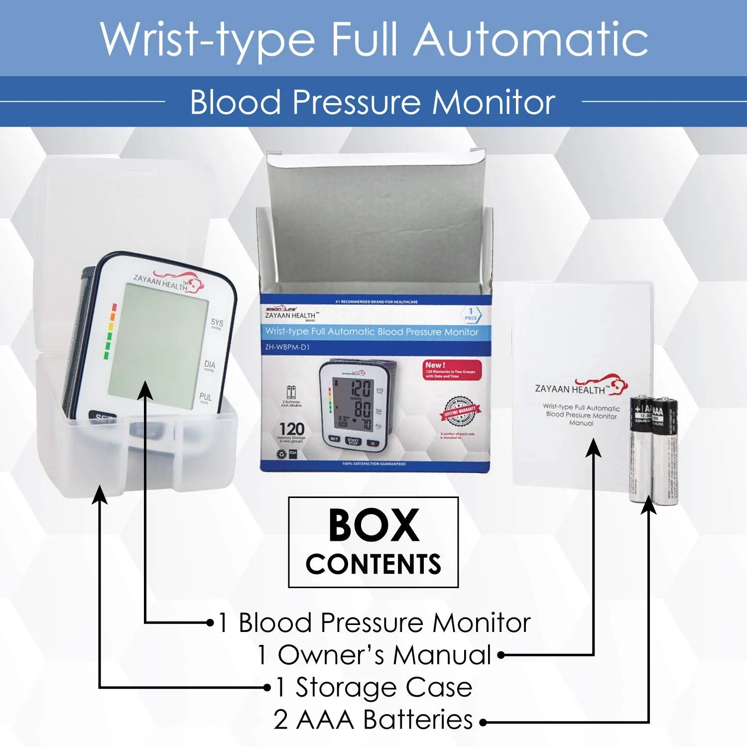 Fully Automatic Wrist Blood Pressure Monitor, 120 Memory, Fast Response, Storage Case Included