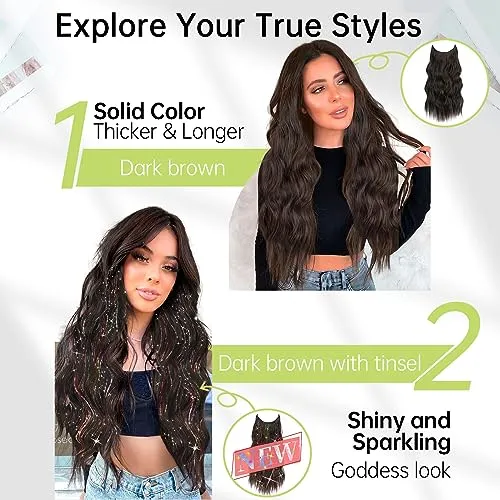 KooKaStyle Invisible Wire Hair Extensions with Transparent Wire Adjustable Size 4 Secure Clips Long Wavy Secret Hairpiece 20 Inch Dark Brown for Women