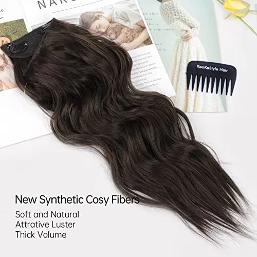 KooKaStyle Invisible Wire Hair Extensions with Transparent Wire Adjustable Size 4 Secure Clips Long Wavy Secret Hairpiece 20 Inch Dark Brown for Women