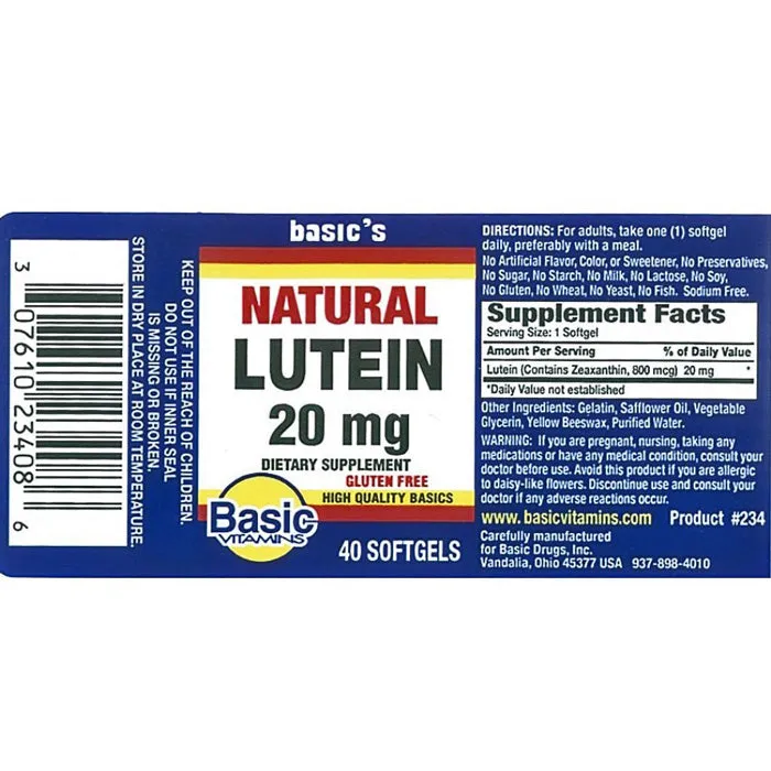 Natural Lutein 20 mg Softgels by Basic Drugs 40 Count