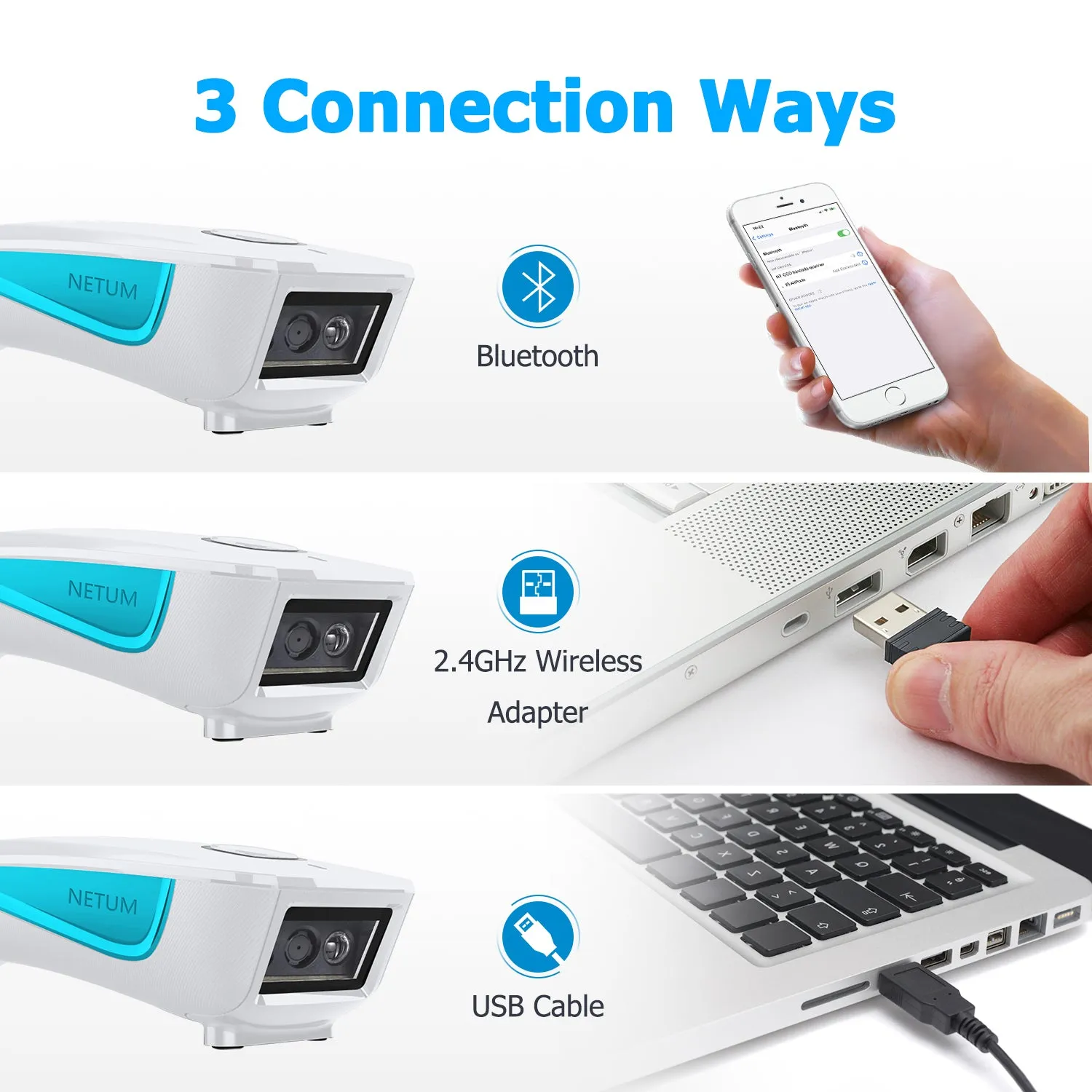 NETUM C850 Upgraded Mini Wireless QR Barcode Scanner, 3 in 1 Bluetooth Portable Pocket Small 1D 2D Bar Code Reader, Antimicrobial, Automatic Fast, Precise scanning for POS, White