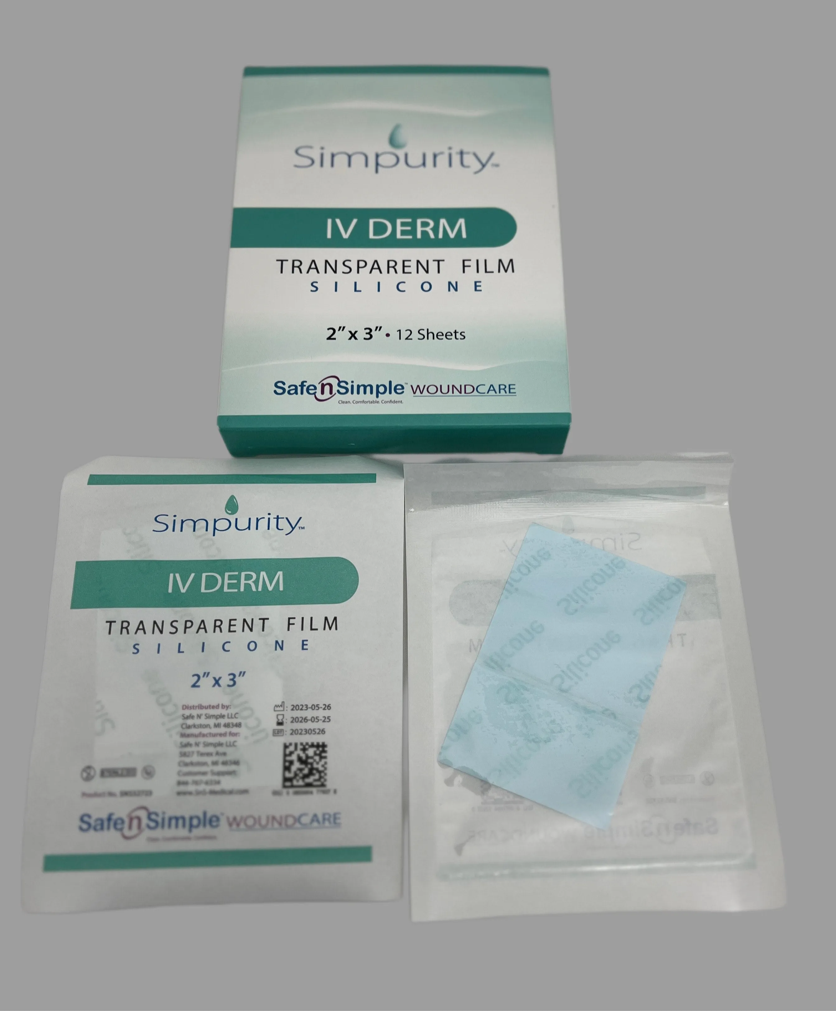 SAFE SIMPLE SIMPURITY IV DERM, Transparent Film, Silicone 2"x3", 12 sheets