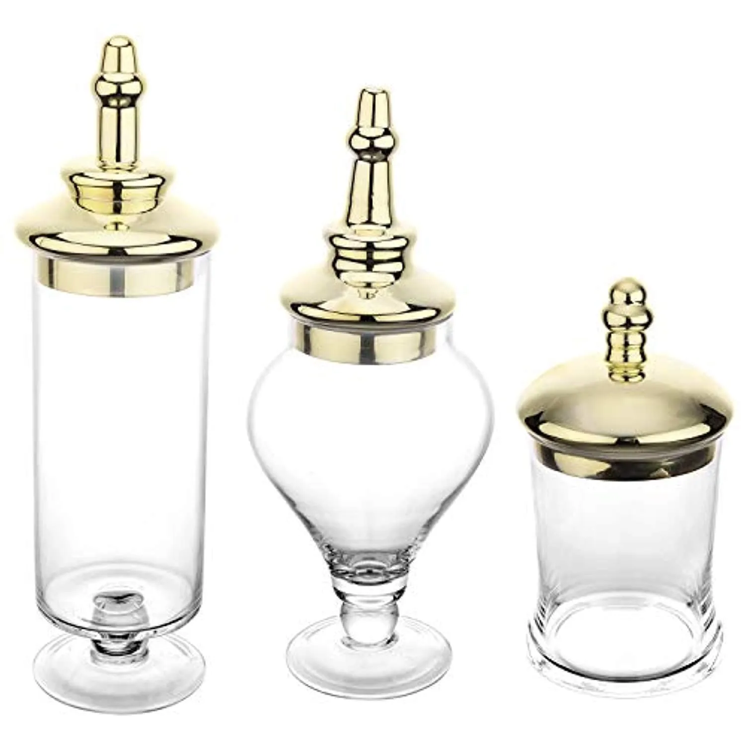 Set of 3 Antique-Theme Glass Apothecary Jars with Metallic Brass-Tone Lids