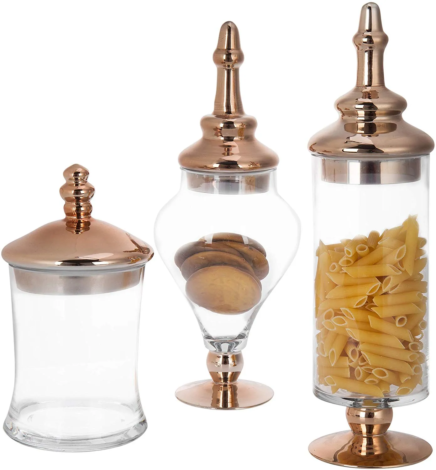 Set of 3 Antique-Theme Glass Apothecary Jars with Metallic Brass-Tone Lids