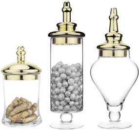 Set of 3 Antique-Theme Glass Apothecary Jars with Metallic Brass-Tone Lids