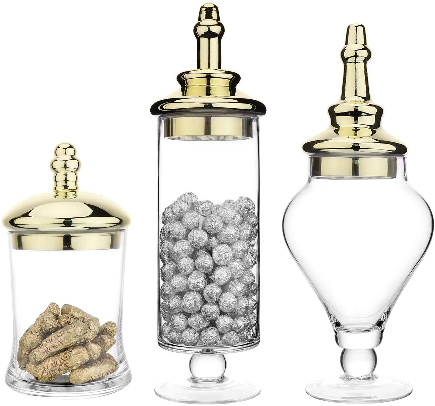 Set of 3 Antique-Theme Glass Apothecary Jars with Metallic Brass-Tone Lids