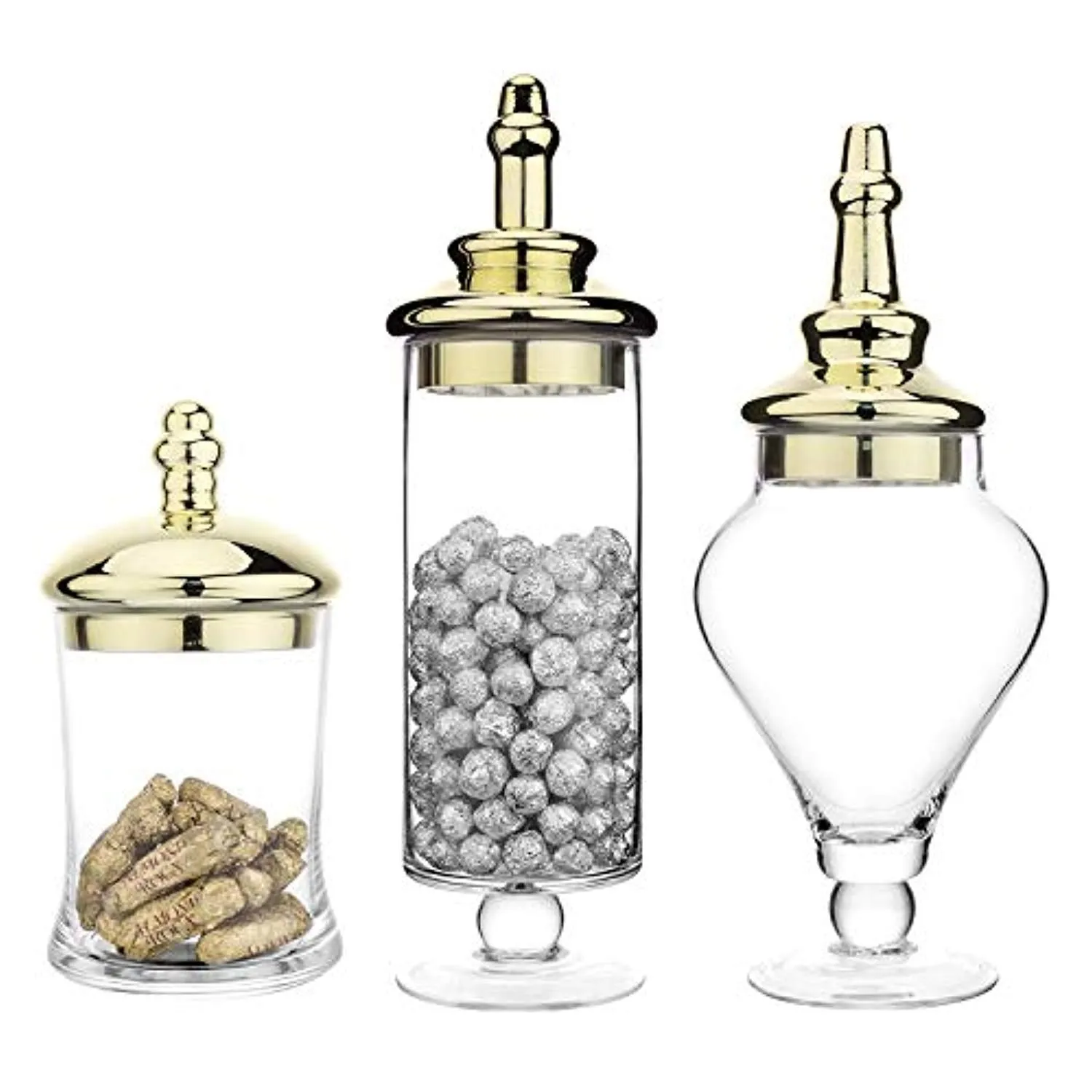Set of 3 Antique-Theme Glass Apothecary Jars with Metallic Brass-Tone Lids