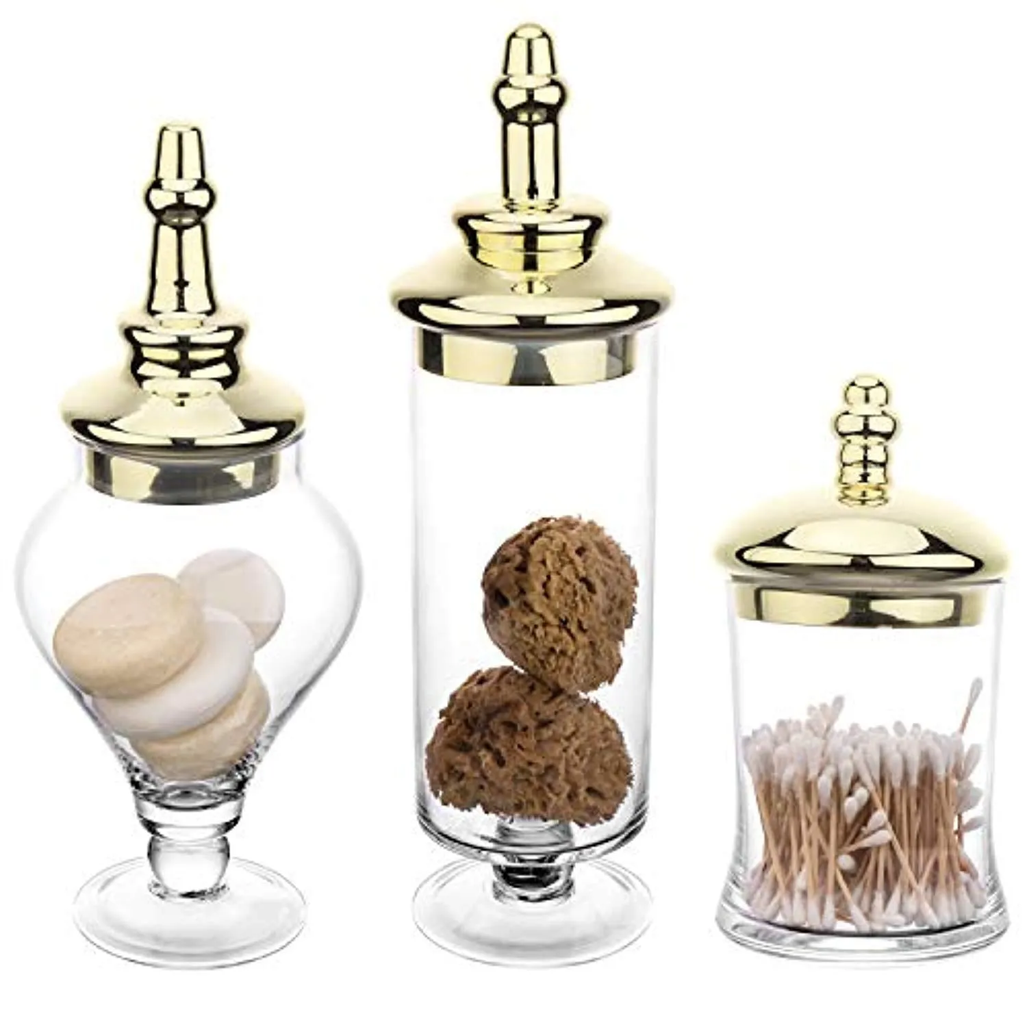 Set of 3 Antique-Theme Glass Apothecary Jars with Metallic Brass-Tone Lids