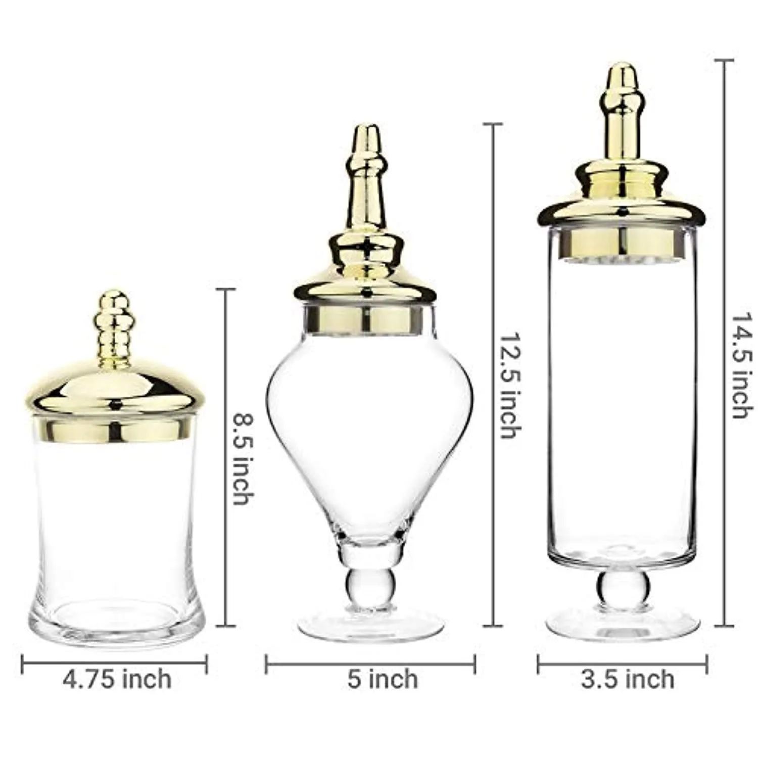 Set of 3 Antique-Theme Glass Apothecary Jars with Metallic Brass-Tone Lids