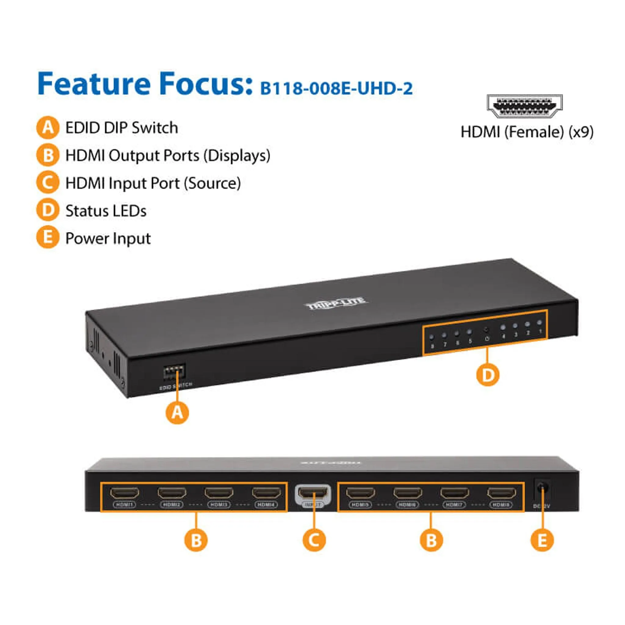 Tripp Lite B118-008E-UHD-2 8-Port 4K HDMI Splitter with EDID Management