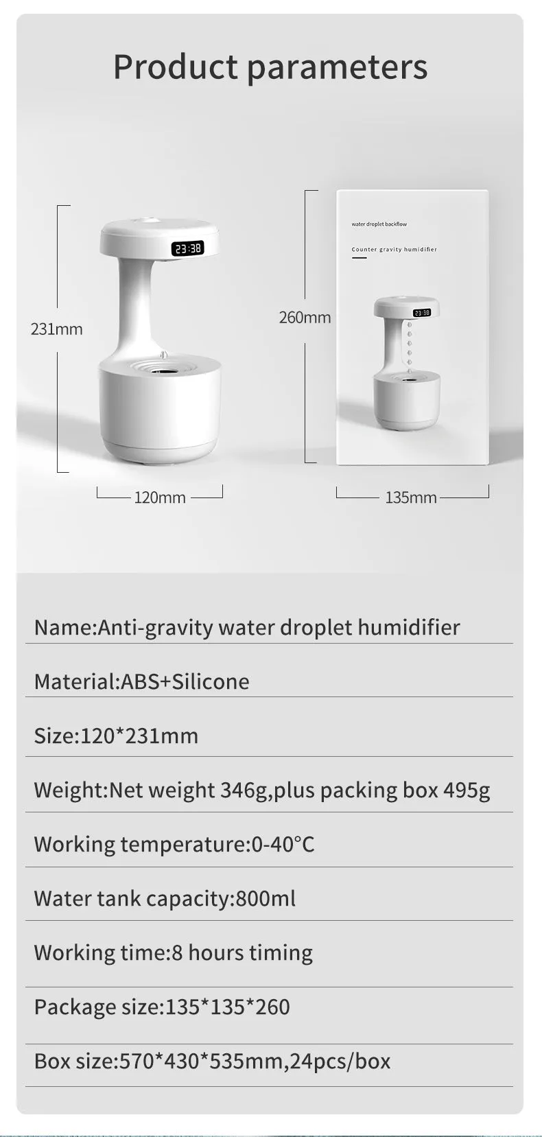 Water Drop Backflow Anti gravity Humidifier LED Time Display