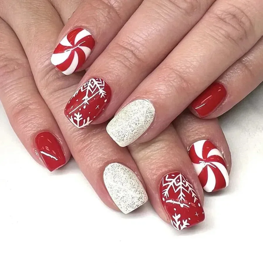 Wenkouban-24Pcs Red Santa with Colorful Light Design Christmas Nail Art Tips Short Square Press on Nail Reusable Full Cover Nail for Women