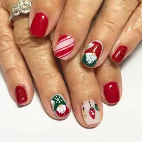 Wenkouban-24Pcs Red Santa with Colorful Light Design Christmas Nail Art Tips Short Square Press on Nail Reusable Full Cover Nail for Women