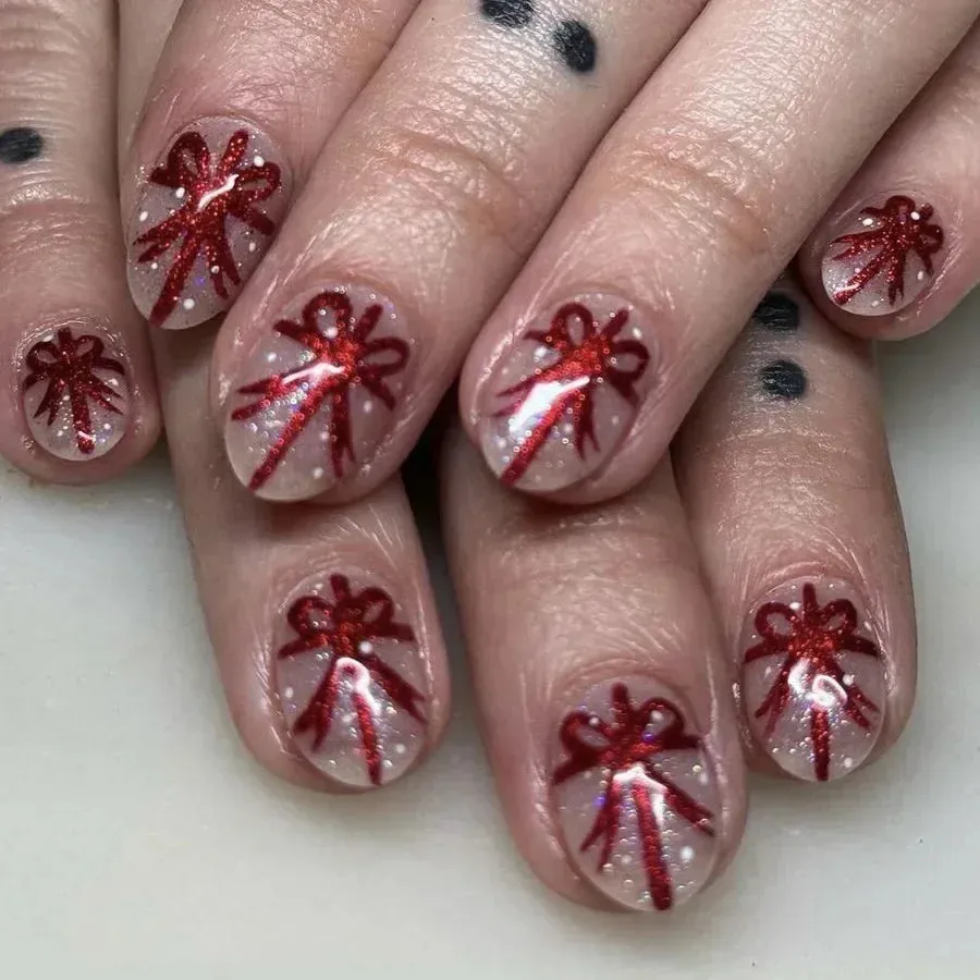 Wenkouban-24Pcs Red Santa with Colorful Light Design Christmas Nail Art Tips Short Square Press on Nail Reusable Full Cover Nail for Women