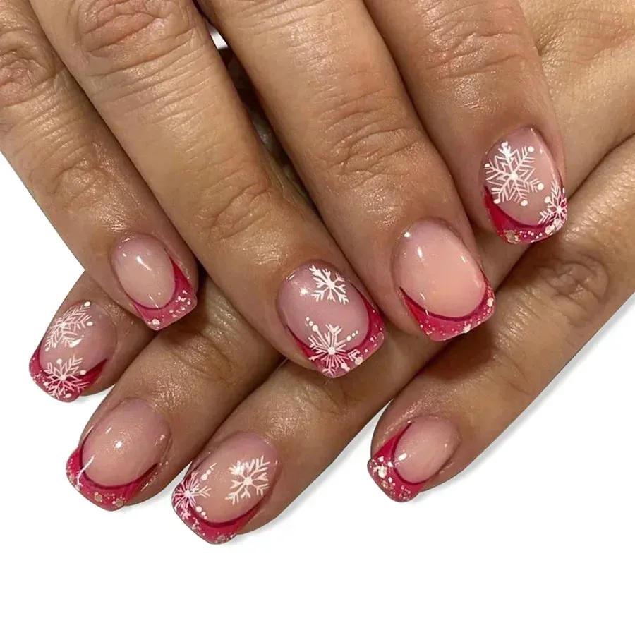 Wenkouban-24Pcs Red Santa with Colorful Light Design Christmas Nail Art Tips Short Square Press on Nail Reusable Full Cover Nail for Women
