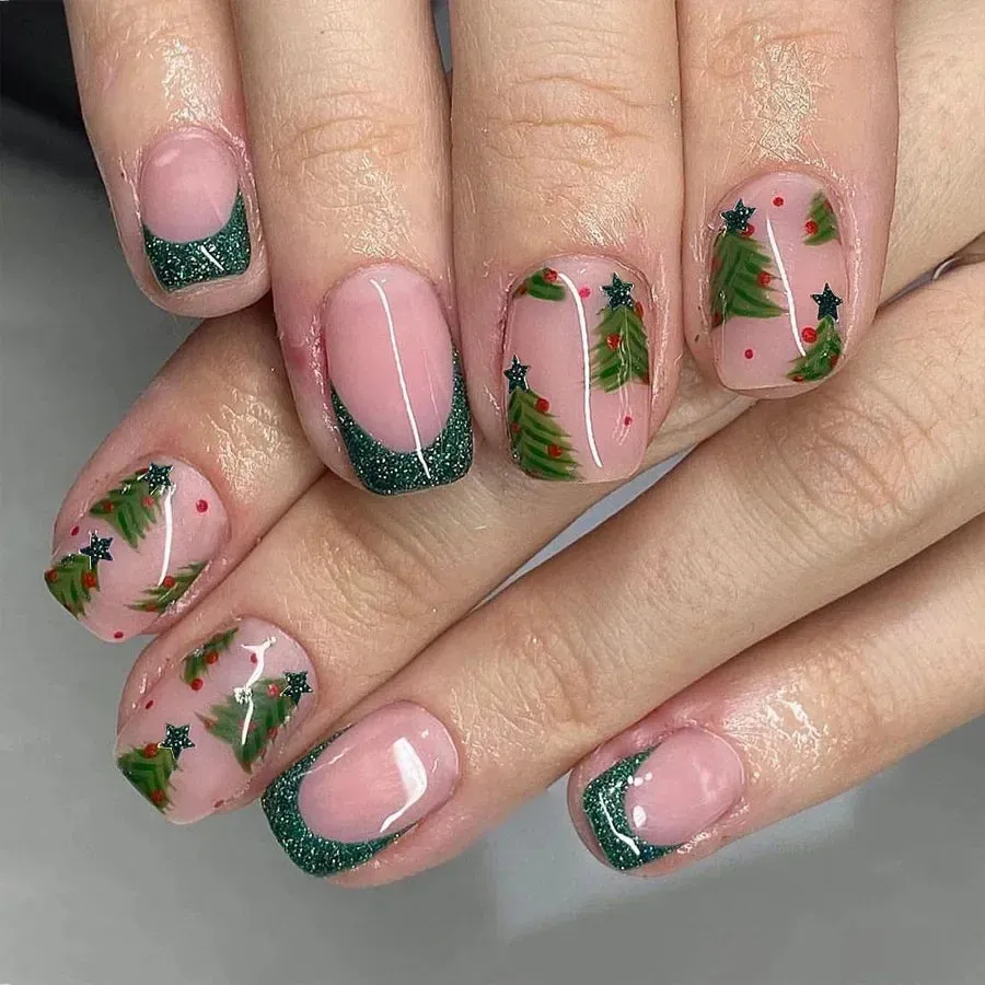 Wenkouban-24Pcs Red Santa with Colorful Light Design Christmas Nail Art Tips Short Square Press on Nail Reusable Full Cover Nail for Women