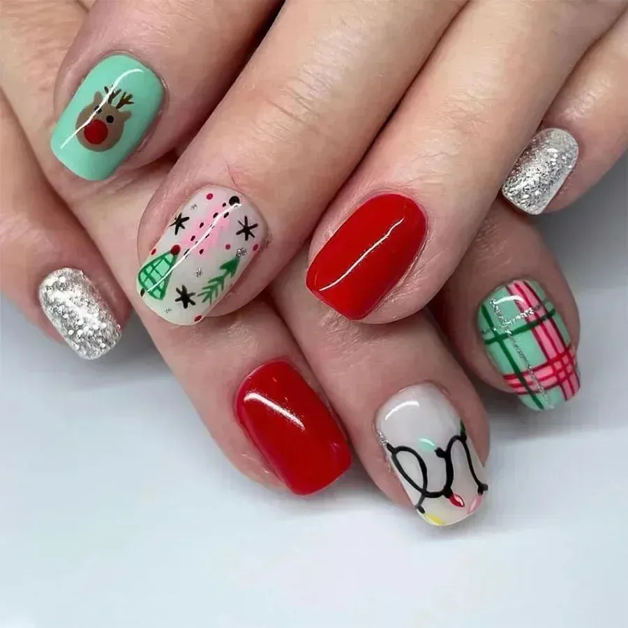 Wenkouban-24Pcs Red Santa with Colorful Light Design Christmas Nail Art Tips Short Square Press on Nail Reusable Full Cover Nail for Women