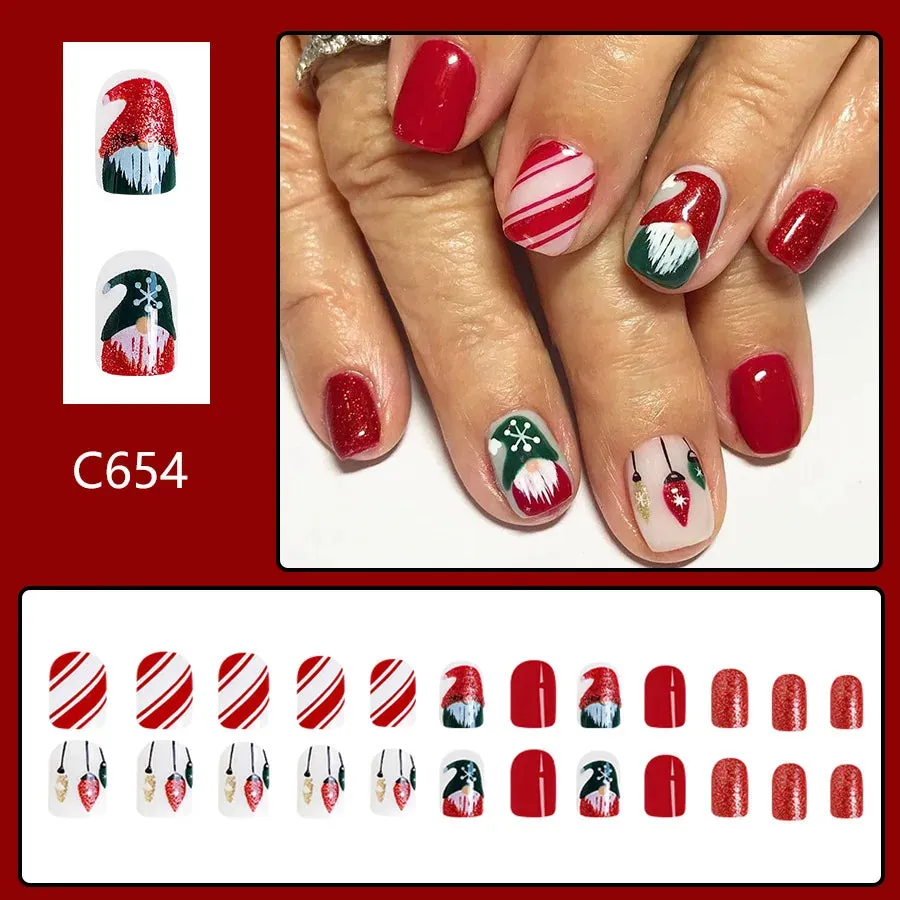 Wenkouban-24Pcs Red Santa with Colorful Light Design Christmas Nail Art Tips Short Square Press on Nail Reusable Full Cover Nail for Women