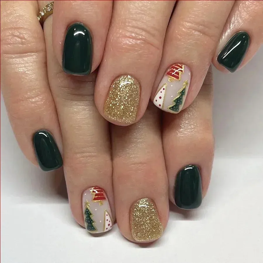 Wenkouban-24Pcs Red Santa with Colorful Light Design Christmas Nail Art Tips Short Square Press on Nail Reusable Full Cover Nail for Women