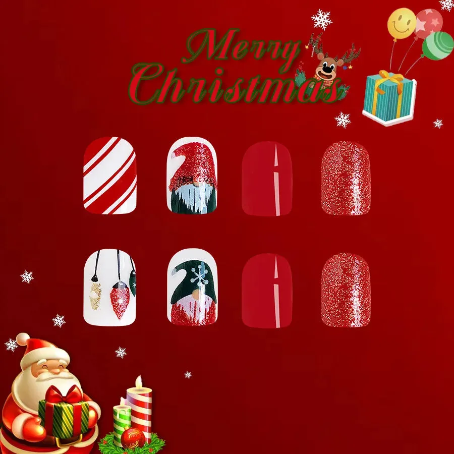 Wenkouban-24Pcs Red Santa with Colorful Light Design Christmas Nail Art Tips Short Square Press on Nail Reusable Full Cover Nail for Women