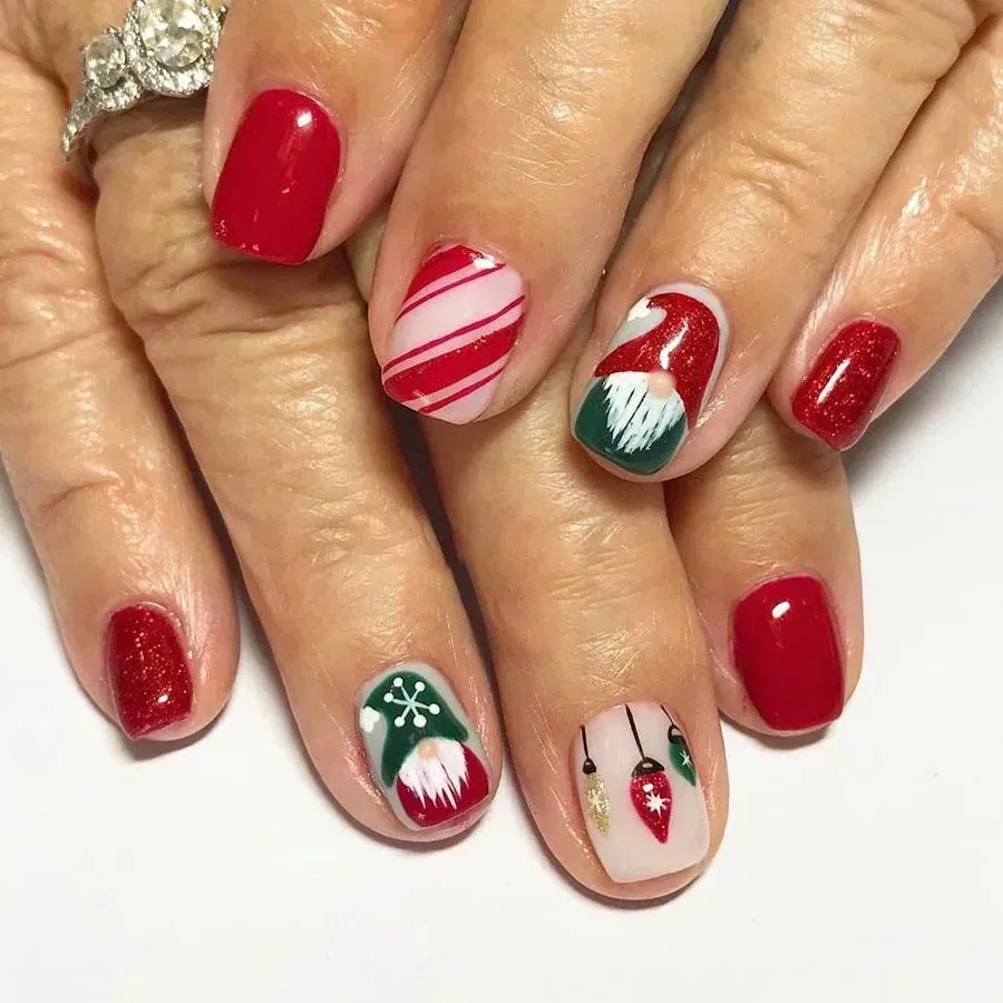 Wenkouban-24Pcs Red Santa with Colorful Light Design Christmas Nail Art Tips Short Square Press on Nail Reusable Full Cover Nail for Women