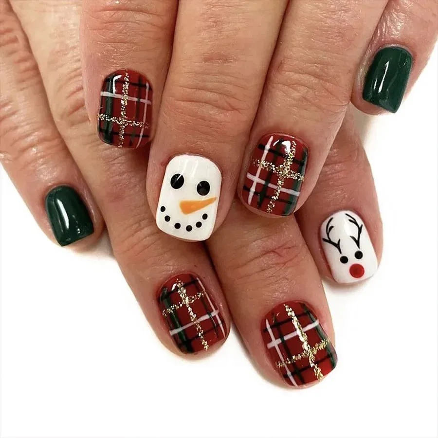 Wenkouban-24Pcs Red Santa with Colorful Light Design Christmas Nail Art Tips Short Square Press on Nail Reusable Full Cover Nail for Women