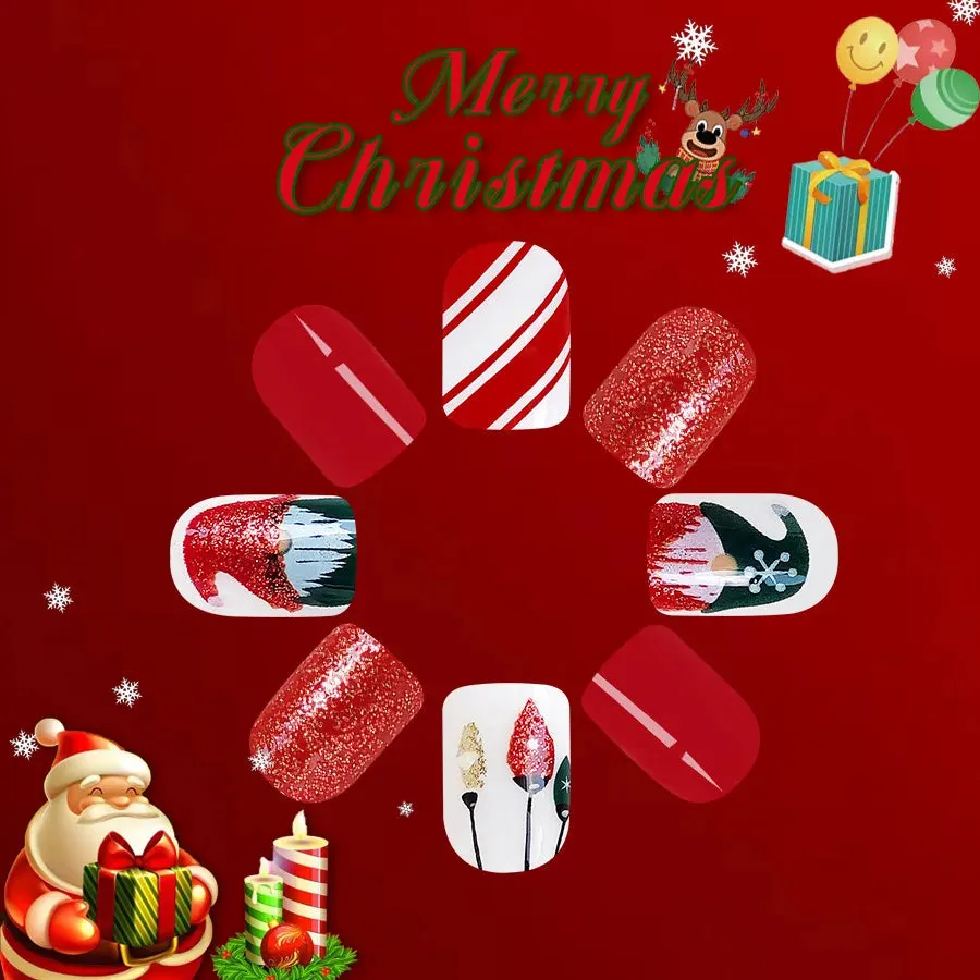 Wenkouban-24Pcs Red Santa with Colorful Light Design Christmas Nail Art Tips Short Square Press on Nail Reusable Full Cover Nail for Women